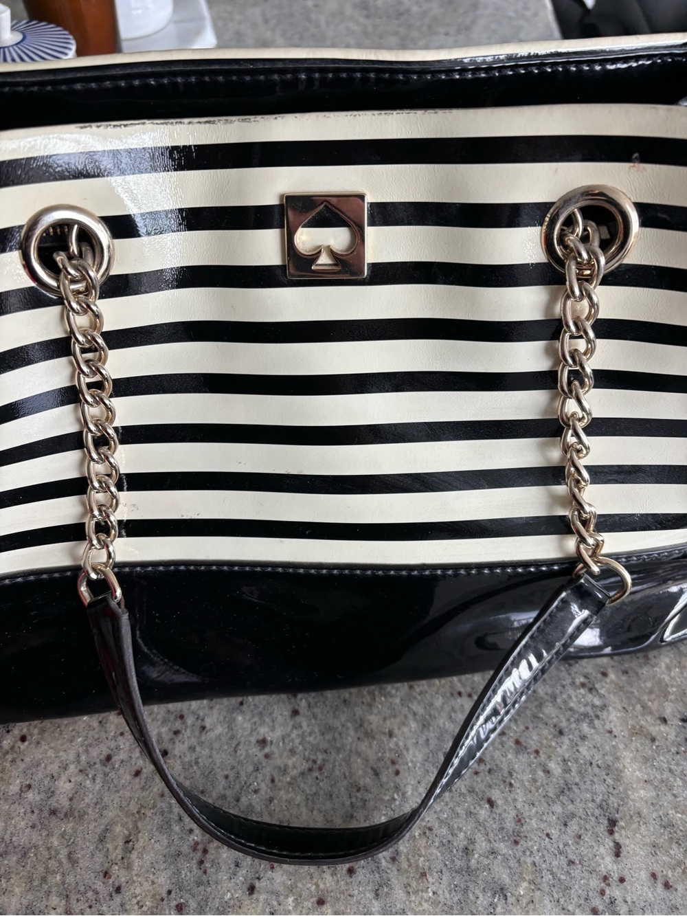 kate spade Black and White Striped Patent Shoulder Bag with Chain Straps